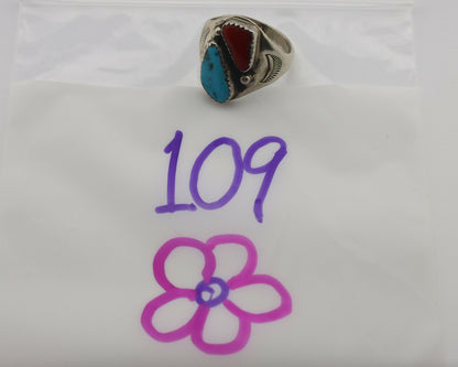 Zuni Ring .925 Silver Natural Turquoise & Coral Native American Artist C.1980's