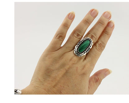 Navajo Ring .925 Silver Malachite Hand Stamped Signed William Denetdale C.80's