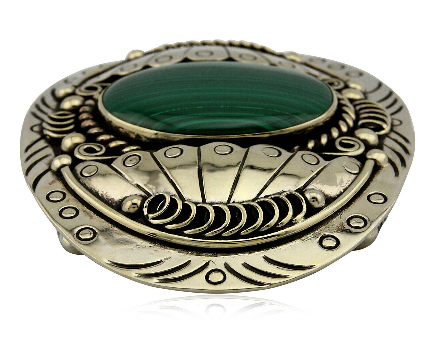 Navajo Handmade Belt Buckle .999 Nickle Silver Malachite Signed Tipi C.80's