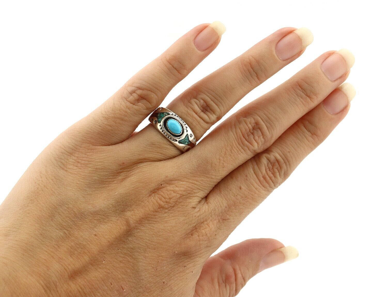 Navajo Inlay Band Ring 925 Silver Turquoise & Coral Native Artist C.80's