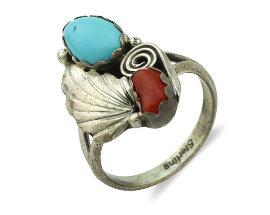 Navajo Ring .925 Silver Turquoise & Coral Native American Artist C.1980's