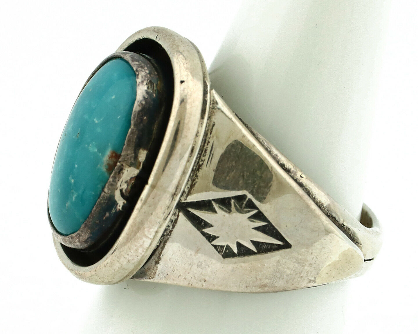 Navajo Ring .925 Silver Blue Gem Turquoise Native American Artist C.80's