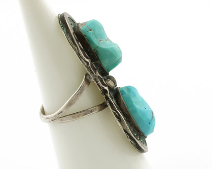 Navajo Ring .925 Silver Globe Turquoise Hand Stamped Native American Artist C80s