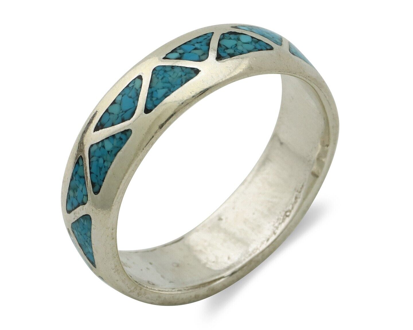 Navajo Chip Inlay Ring 925 Silver Sleeping Beauty Turquoise Artist Silver Cloud