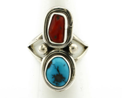 Navajo Ring .925 Silver Red Coral & Blue Turquoise Native Artist C.80's