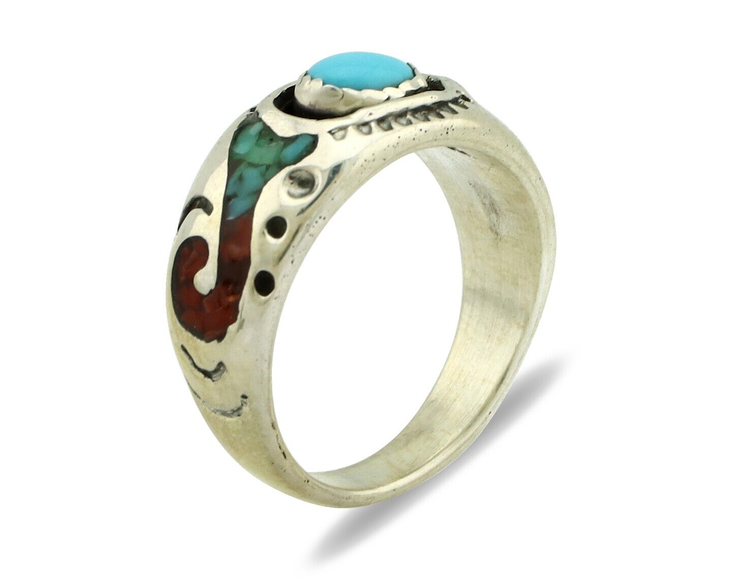 Navajo Handmade Ring 925 Silver Blue Turquoise & Coral Native American C.80's