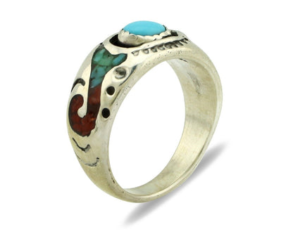 Navajo Handmade Ring 925 Silver Blue Turquoise & Coral Native American C.80's