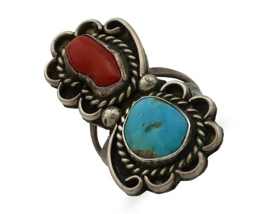 Navajo Ring 925 Silver Blue Turquiose & Mediterranean Coral Native Artist C.80's