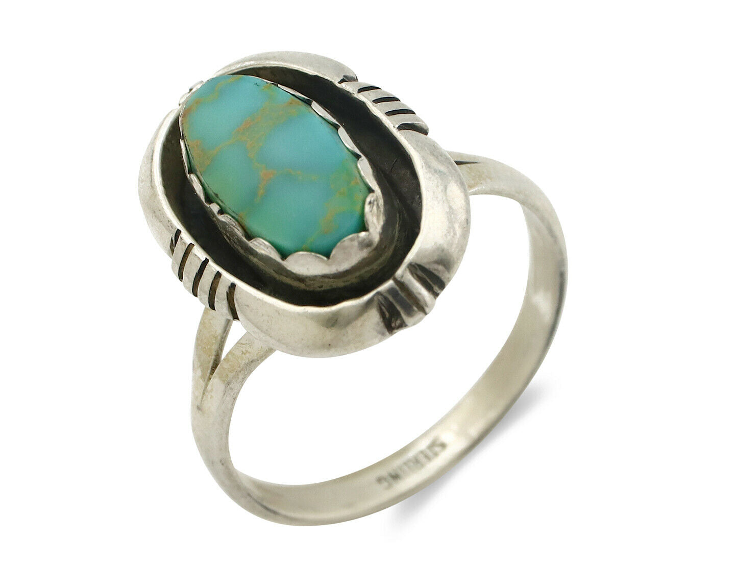 Navajo Ring .925 Silver Blue Gem Turquoise Handmade Native American Artist C80s
