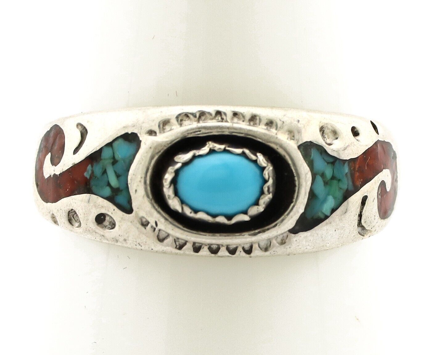 Navajo Handmade Ring 925 Silver Blue Turquoise & Coral Native American Artist