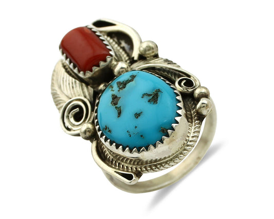 Navajo Ring .925 Silver Turquoise & Coral Artist Signed Justin Morris C.1980's