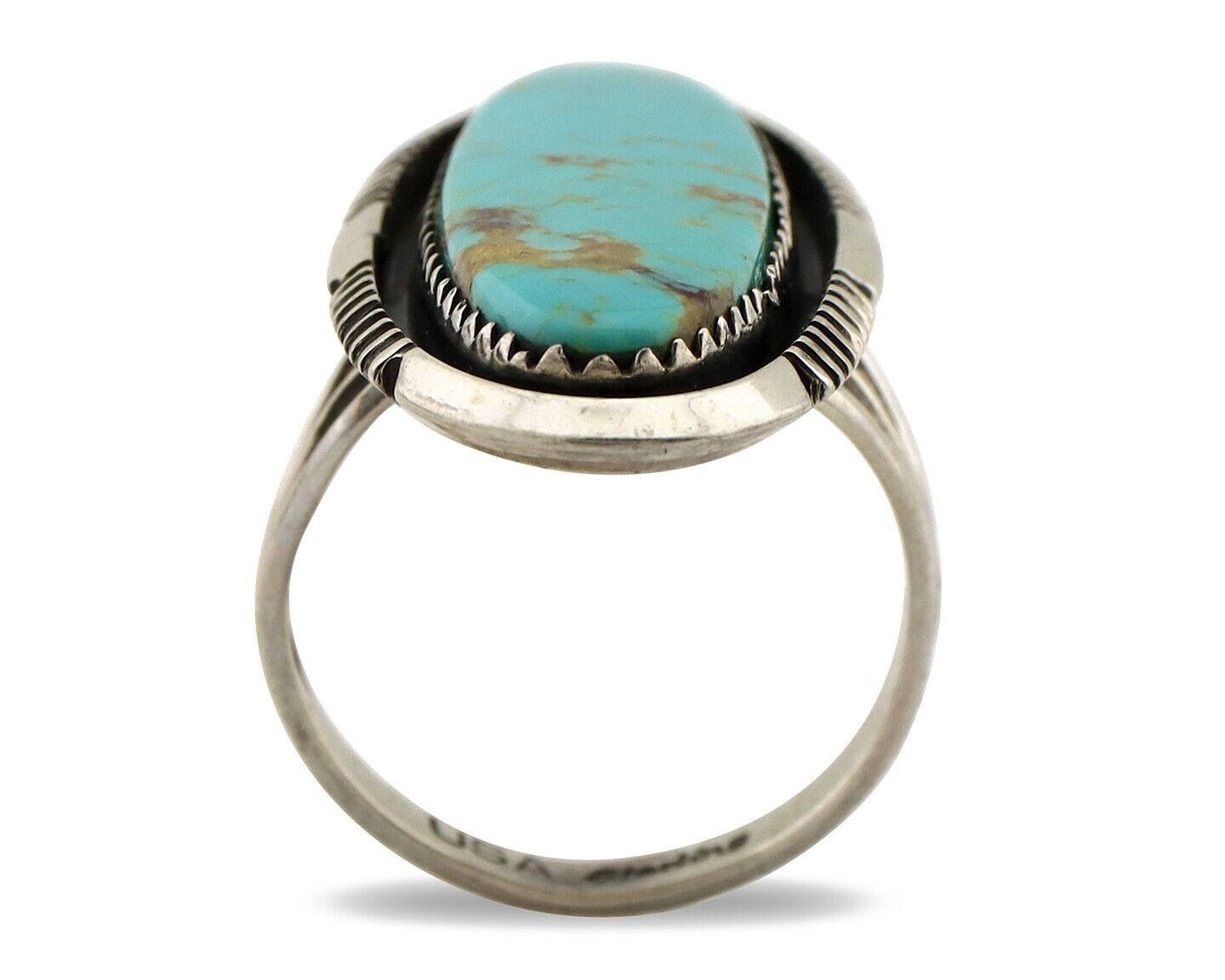 Navajo Ring 925 Silver Kingman Natural Blue Native Artist Signed USA C.80s