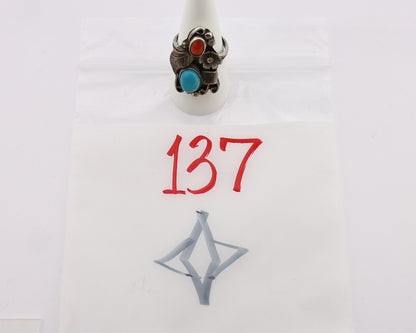 Navajo Handmade Ring 925 Silver Turquiose & Coral Artist Signed WJ C.80's