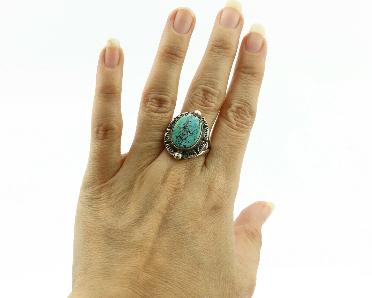 Navajo Ring .925 Silver Kingman Turquoise Artist Signed Gecko C.1980's