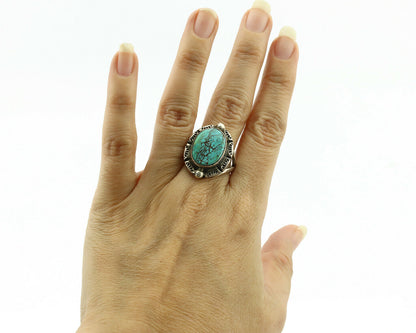 Navajo Ring .925 Silver Kingman Turquoise Artist Signed Gecko C.1980's