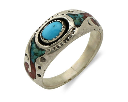 Navajo Handmade Ring 925 Silver Blue Turquoise & Coral Native American C.80's