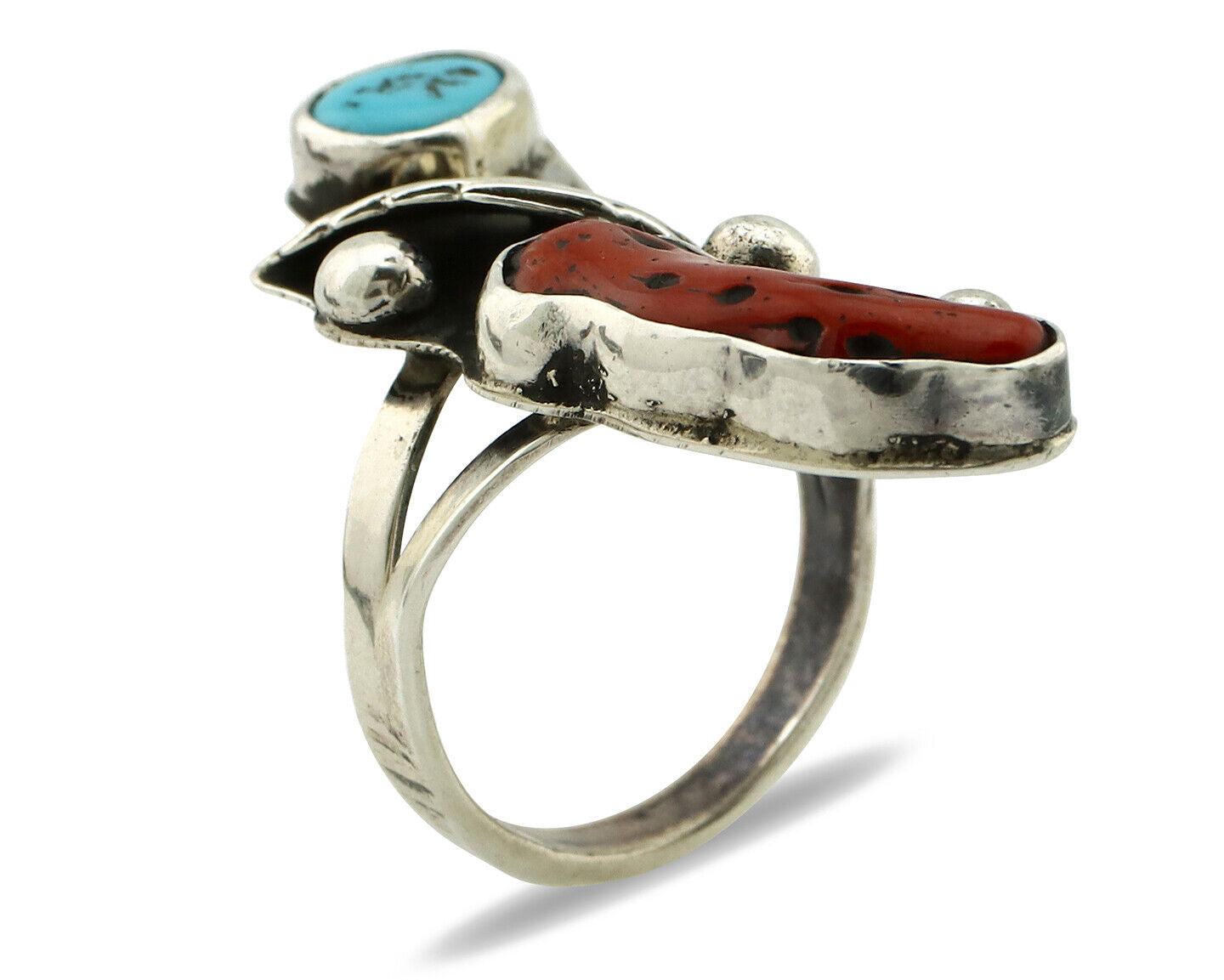 Navajo Ring 925 Silver Coral & Sleeping Beauty Turquoise Native Artist C.80's