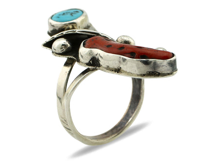 Navajo Ring 925 Silver Coral & Sleeping Beauty Turquoise Native Artist C.80's