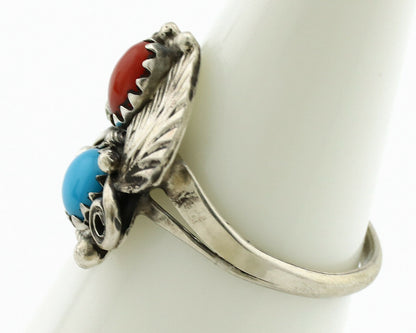 Navajo Ring .925 Silver Morenci Turquoise & Coral Native Artist Signed JM C.80's