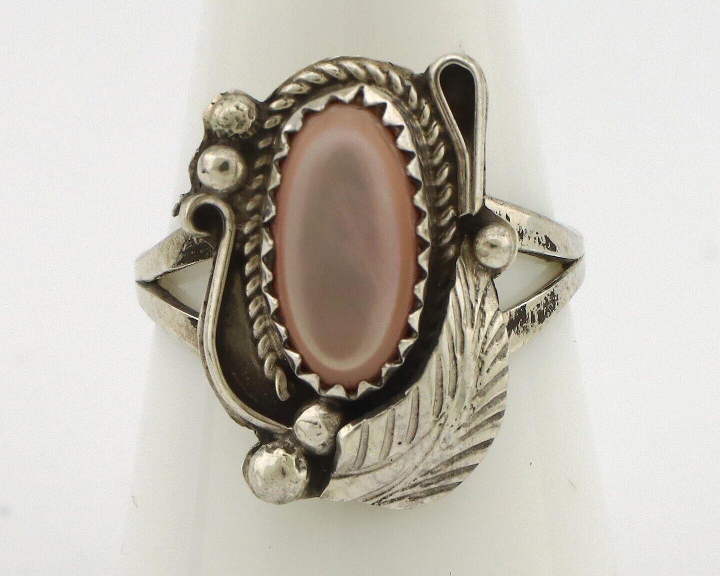 Navajo Ring .925 Silver Natural Pink Mussel Artist Signed Justin Morris C.80's
