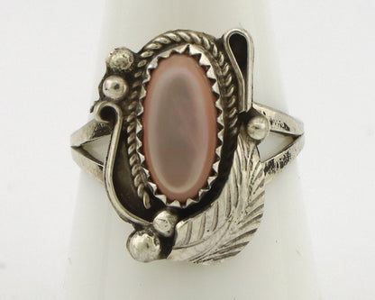 Navajo Ring .925 Silver Natural Pink Mussel Artist Signed Justin Morris C.80's