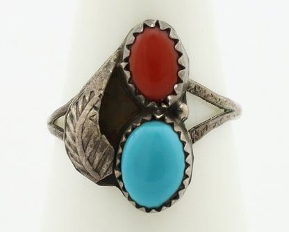 Navajo Handmade Ring 925 Silver Turquiose & Coral Native American Artist C.80's