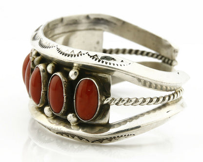 Navajo Bracelet .925 Silver Natural Calibrated Coral Old Pawn Handmade Cuff C80s