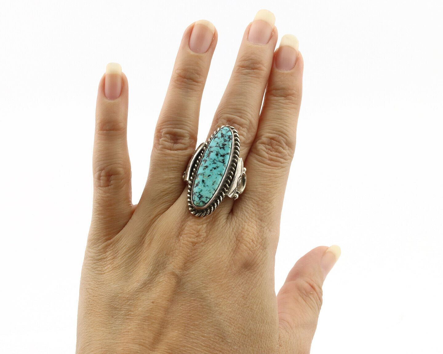 Navajo Ring .925 Silver Blue Spiderweb Turquoise Signed Fred Guerrero C.1980's