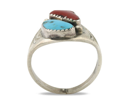 Zuni Ring .925 Silver Natural Turquoise & Coral Native American Artist C.1980's