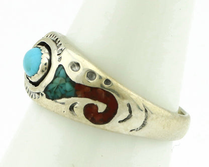 Navajo Handmade Ring 925 Silver Blue Turquoise & Coral Native American C.80's