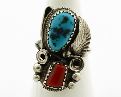 Navajo Ring .925 Silver Turquoise & Coral Artist Signed J Morris C.80's