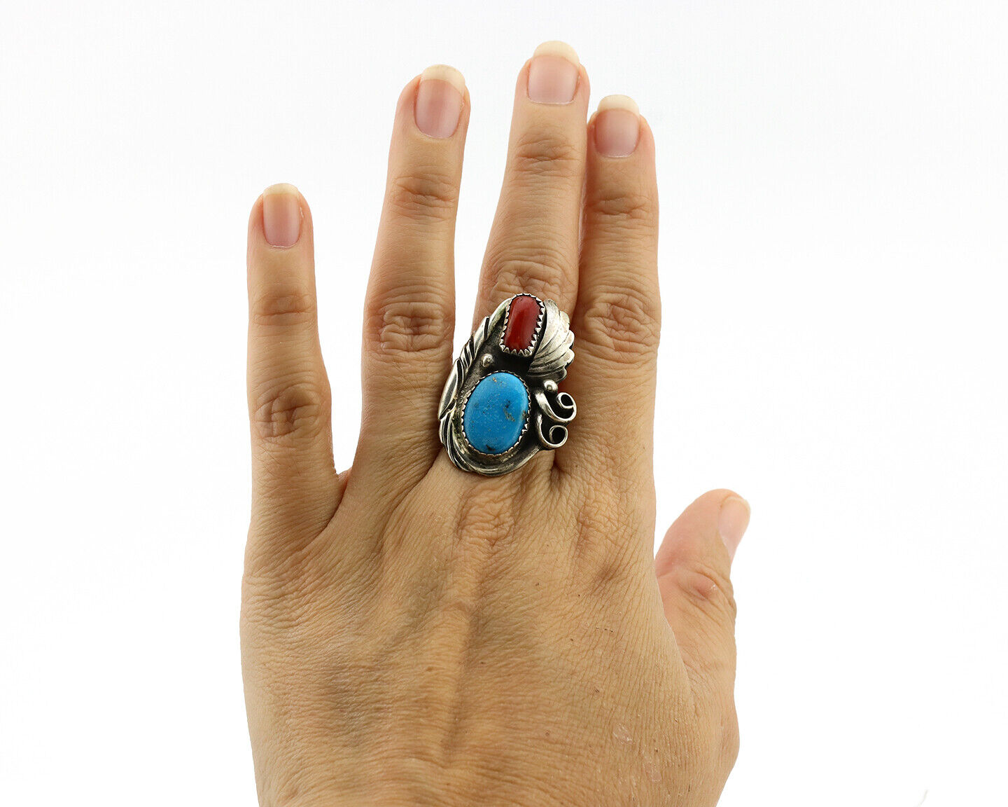 Navajo Ring 925 Silver Turquoise & Coral Artist Signed Native American C.80s