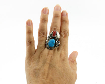 Navajo Ring 925 Silver Turquoise & Coral Artist Signed Native American C.80s