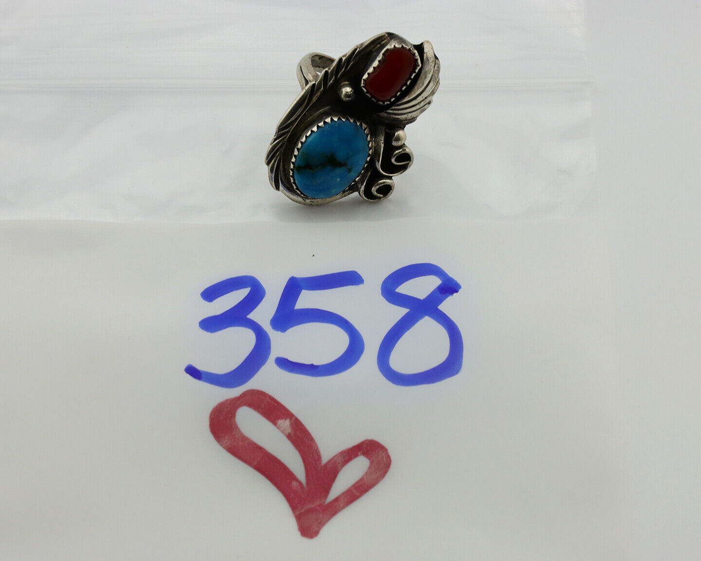 Navajo Ring 925 Silver Turquoise & Coral Artist Signed Native American C.80s
