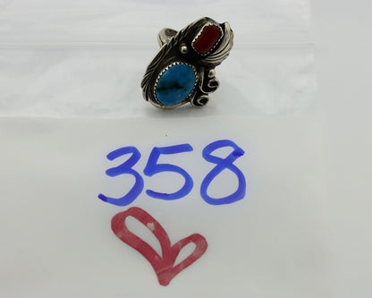 Navajo Ring 925 Silver Turquoise & Coral Artist Signed Native American C.80s