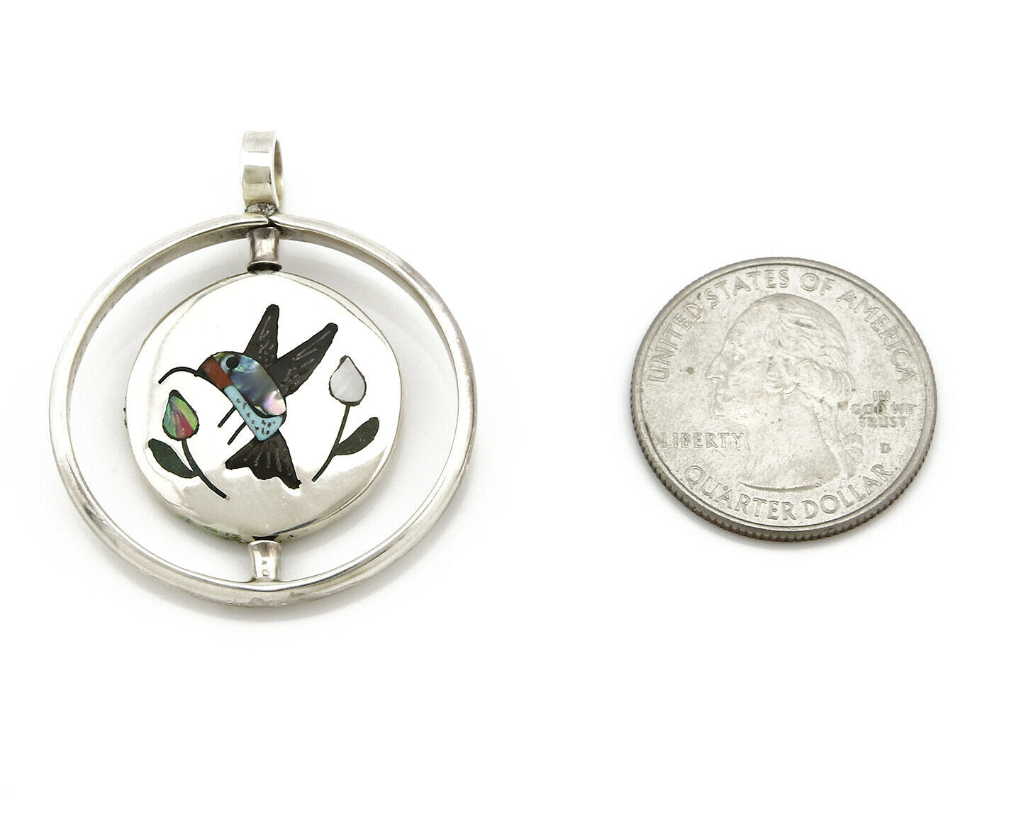 Navajo Bird Spinner Pendant .925 Siller Inlaid Gemstone Signed Baylor C.80's