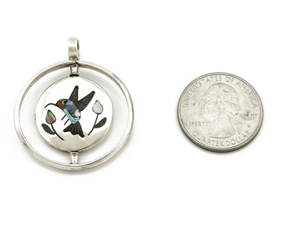 Navajo Bird Spinner Pendant .925 Siller Inlaid Gemstone Signed Baylor C.80's