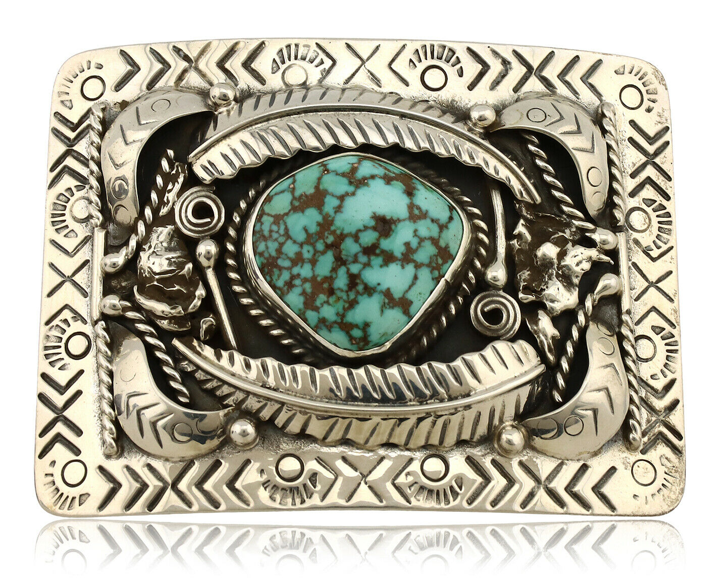 Navajo Belt Buckle .925 Silver Natural Blue Turquoise Artist Signed Tepee C.80's