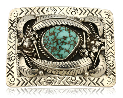 Navajo Belt Buckle .925 Silver Natural Blue Turquoise Artist Signed Tepee C.80's