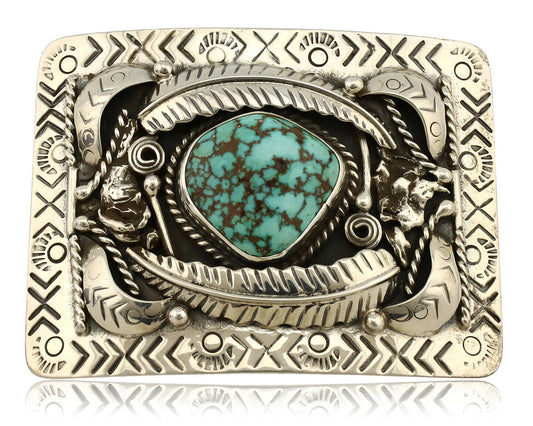 Navajo Belt Buckle .925 Silver Natural Blue Turquoise Artist Signed Tepee C.80's