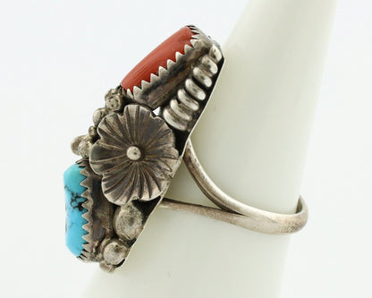 Navajo Handmade Ring 925 Silver Turquiose & Coral Native American Artist C.80's