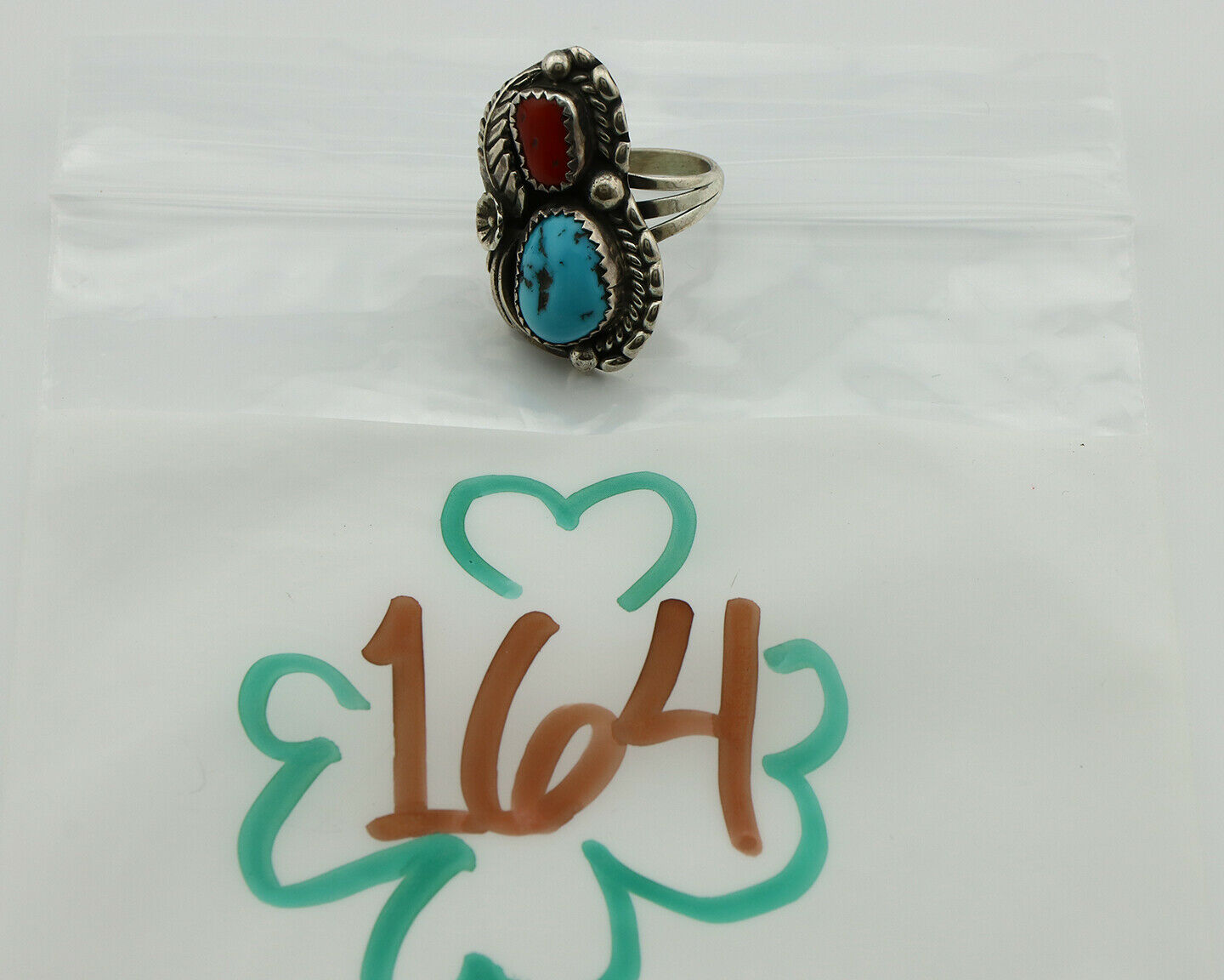 Navajo Ring .925 Silver Turquoise & Coral Artist Signed Thomas Singer C.80's