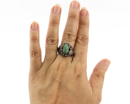 Navajo Ring .925 Silver Green Turquoise Native American Artist C.1980's