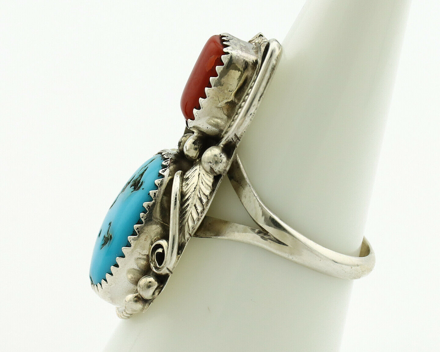 Navajo Ring .925 Silver Turquoise & Coral Artist Signed Justin Morris C.1980's