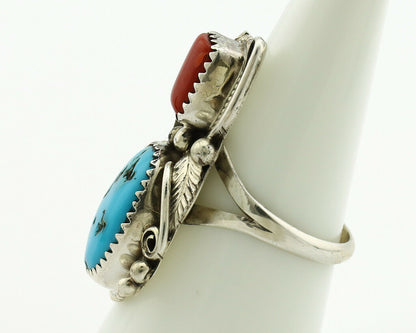 Navajo Ring .925 Silver Turquoise & Coral Artist Signed Justin Morris C.1980's