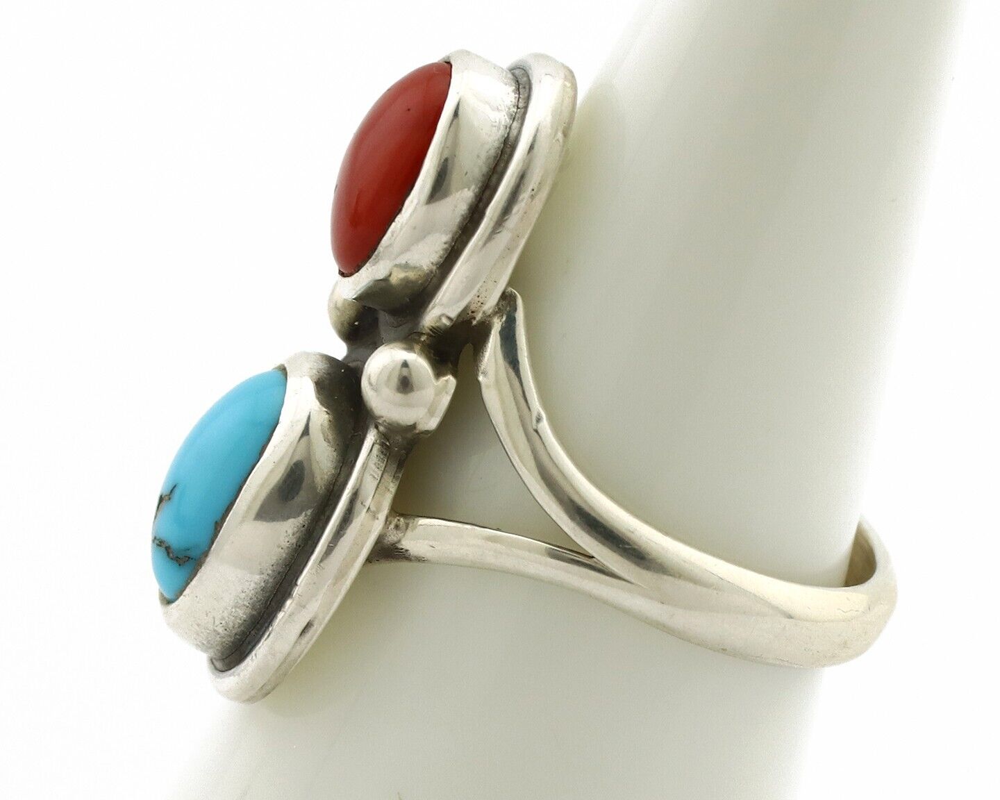 Navajo Handmade Ring 925 Silver Coral & Turquoise Native American Artist C.80's