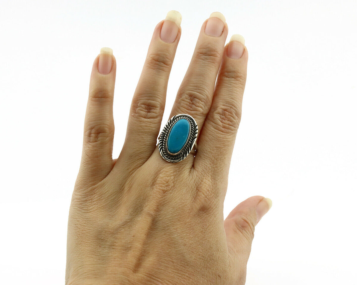 Navajo Ring .925 Silver Blue Turquoise Artist Signed Begay C.1980's