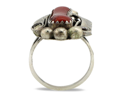 Navajo Ring 925 Silver Mediterranean Coral Artist Signed Justin Morris C.80's