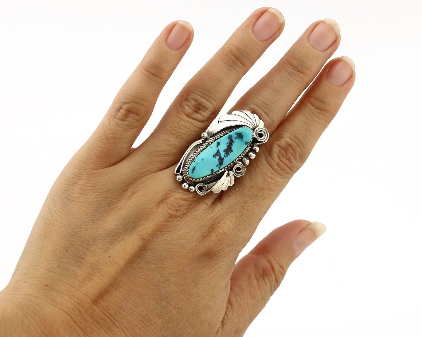 Navajo Inlay Band Ring 925 Silver Sleeping B Turquoise Signed Justin Morris C80s