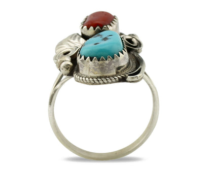 Navajo Ring .925 Silver Turquoise & Coral Artist Signed J Morris C.80's